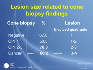 IEO 2014
Lesion size related to cone
biopsy findings
Cone biopsy % Lesion
Involved quadrants
Negative 67.8 1
CIN 1 50.3 1-2
CIN 2-3 78.8 2-3
Cancer 66.2 3-4
Costa et al. 2001
 