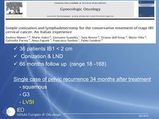 IEO 2014
 36 patients IB1 < 2 cm
 Conization & LND
 66 months follow up (range 18 -168)
Single case of pelvic recurrence 34 months after treatment
- squamous
- G3
- LVSI
 