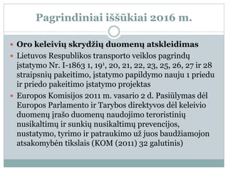 Pagrindiniai iššūkiai 2016 m.
 Oro keleivių skrydžių duomenų atskleidimas
 Lietuvos Respublikos transporto veiklos pagrindų
įstatymo Nr. I-1863 1, 191, 20, 21, 22, 23, 25, 26, 27 ir 28
straipsnių pakeitimo, įstatymo papildymo nauju 1 priedu
ir priedo pakeitimo įstatymo projektas
 Europos Komisijos 2011 m. vasario 2 d. Pasiūlymas dėl
Europos Parlamento ir Tarybos direktyvos dėl keleivio
duomenų įrašo duomenų naudojimo teroristinių
nusikaltimų ir sunkių nusikaltimų prevencijos,
nustatymo, tyrimo ir patraukimo už juos baudžiamojon
atsakomybėn tikslais (KOM (2011) 32 galutinis)
 