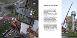 AMERSFOORT VERNIEUWT


Door de hele stad Amersfoort
worden woningen in bezit van De
Alliantie Eemvallei opgeknapt en
klaargestoomd voor het komende
decennium.
Wij zijn gevraagd een plan te maken
voor twee flatgebouwen uit de jaren
zeventig.
De directe woonomgeving maakt
daarbij onderdeel uit van de
metamorfose. Speelweide, parkeren
en de toegang tot de bergingen
maken deel uit van de route naar
de nieuwe entree. De bewoners zijn
nauw betrokken bij het opstellen
van het renovatieplan voor de 138
maisonnetteflats.

Het karakteristieke centrale ketelhuis
bovenop het trappenhuis heeft haar
functie verloren door de komst van
individuele ketels. Een glazen studio
heeft haar plaats ingenomen en biedt
een spectaculair uitzicht over de stad.
De studio zal worden gebruikt voor
maatschappelijke doeleinden.
 