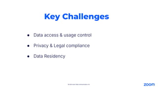 © 2024 Zoom Video Communications, Inc.
Key Challenges
● Data access & usage control
● Privacy & Legal compliance
● Data Residency
 