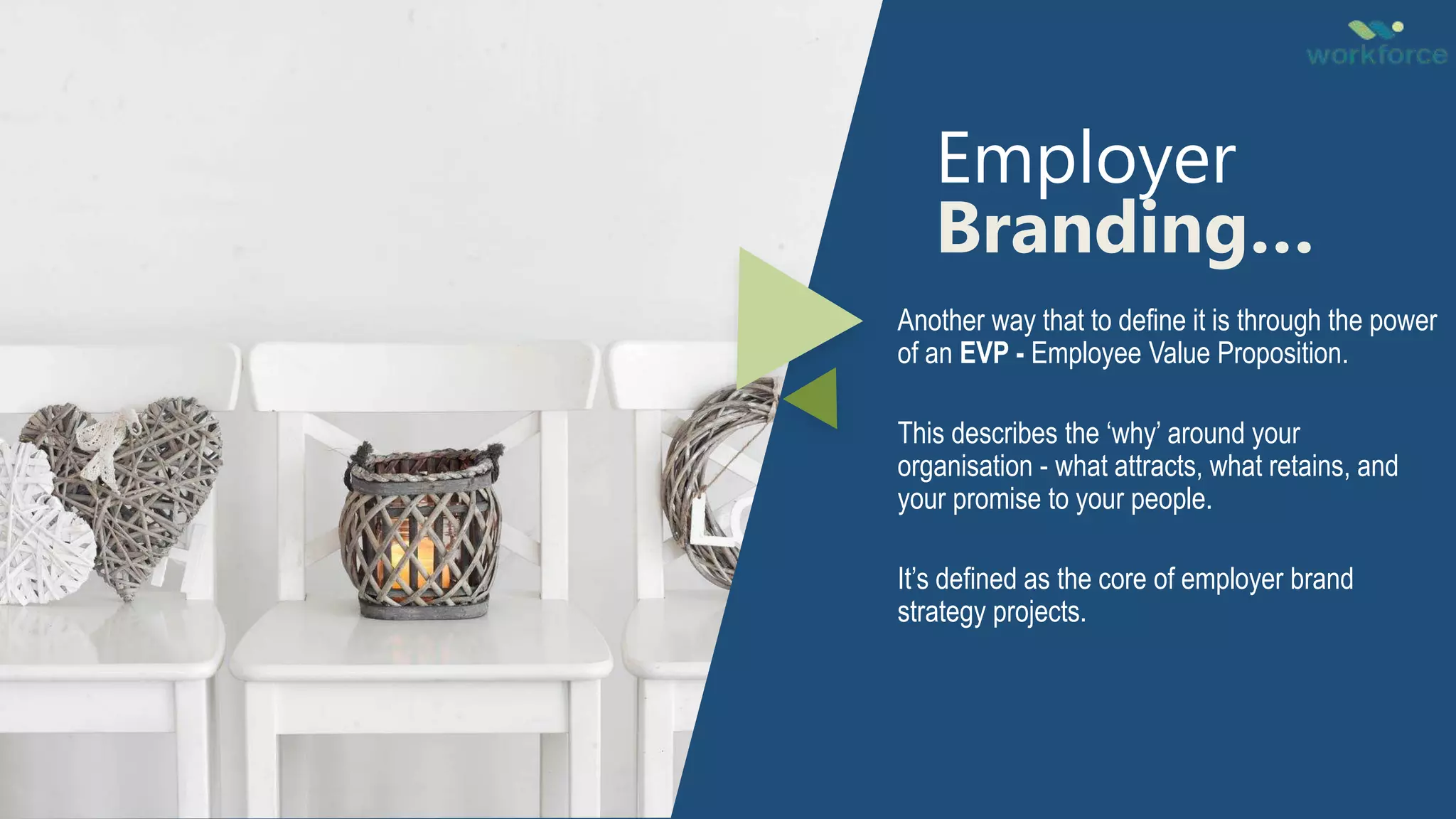 Employer
Branding…
Another way that to define it is through the power
of an EVP - Employee Value Proposition.
This describes the ‘why’ around your
organisation - what attracts, what retains, and
your promise to your people.
It’s defined as the core of employer brand
strategy projects.
 