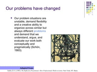 Our problems have changed
 Our problem situations are
unstable, demand flexibility
and a creative ability to
organize across similar but
always different problems
and demand that we
understand, argue, and
evaluate our work both
conceptually and
pragmatically (Schön,
1983).
Schön, D. A. (1983). The Reflective Practitioner: How Professionals Think in Action. New York, NY: Basic.
Adopted from:
 