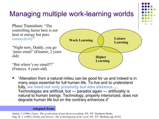 Managing multiple work-learning worlds
Gleick, J. (1999). Faster: The acceleration of just about everything. NY, NY: Pantheon Books.
Ong, W. J. (1982). Orality and literacy: The technologizing of the word. NY, NY: Methuen, pp. 82-83.
Adopted from:
Phase Transition: “The
controlling factor here is not
heat or energy but pure
connectivity”
“Night now, Daddy, you go
‘puter email” (Eleanor, 2 years
old)
“But where’s my email?!”
(Frances, 4 years old)
Work Learning Leisure
Learning
Higher
Learning
 “Alienation from a natural milieu can be good for us and indeed is in
many ways essential for full human life. To live and to understand
fully, we need not only proximity but also distance….
Technologies are artificial, but — paradox again — artificiality is
natural to human beings. Technology, properly interiorized, does not
degrade human life but on the contrary enhances it”
 
