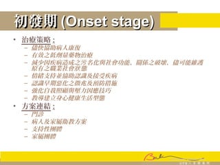 初發期初發期 (Onset stage)(Onset stage)
• 治療策略 :
– 儘快協助病人康復
– 有效之低劑量藥物治療
– 減少因疾病造成之 名化與社會功能、關係之破壞，儘可能維護污
原有之職業社會 態狀
– 情緒支持並協助認識及接受疾病
– 認識早期惡化之徴兆及預防措施
– 強化自我照顧與壓力因應技巧
– 教導建立身心健康生活型態
• 方案連結 :
– 門診
– 病人及家屬衛教方案
– 支持性團體
– 家屬團體
 