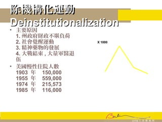 除機構化運動除機構化運動
DeinstitutionalizationDeinstitutionalization
• 主要原因
1. 州政府財政不堪負荷
2. 社會覺醒運動
3. 精神藥物的發展
4. 大戰結束 , 大量軍醫退
伍
• 美國慢性住院人數
1903 年 150,000
1955 年 559,000
1974 年 215,573
1985 年 116,000
0
100
200
300
400
500
600
0 1903 1955 1974 1985
X 1000
 