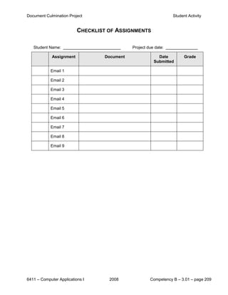 Document Culmination Project                                      Student Activity


                          CHECKLIST OF ASSIGNMENTS

   Student Name:                              Project due date:

             Assignment            Document                Date         Grade
                                                         Submitted

            Email 1

            Email 2

            Email 3

            Email 4

            Email 5

            Email 6

            Email 7

            Email 8

            Email 9




6411 – Computer Applications I      2008               Competency B – 3.01 – page 209
 