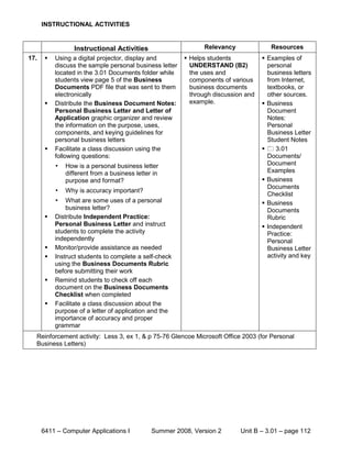 INSTRUCTIONAL ACTIVITIES


                  Instructional Activities                     Relevancy               Resources
17.       Using a digital projector, display and         Helps students            Examples of
           discuss the sample personal business letter     UNDERSTAND (B2)            personal
           located in the 3.01 Documents folder while      the uses and               business letters
           students view page 5 of the Business            components of various      from Internet,
           Documents PDF file that was sent to them        business documents         textbooks, or
           electronically                                  through discussion and     other sources.
          Distribute the Business Document Notes:         example.                  Business
           Personal Business Letter and Letter of                                     Document
           Application graphic organizer and review                                   Notes:
           the information on the purpose, uses,                                      Personal
           components, and keying guidelines for                                      Business Letter
           personal business letters                                                  Student Notes
          Facilitate a class discussion using the                                    3.01
           following questions:                                                       Documents/
           •   How is a personal business letter                                      Document
               different from a business letter in                                    Examples
               purpose and format?                                                   Business
                                                                                      Documents
           •   Why is accuracy important?
                                                                                      Checklist
           •   What are some uses of a personal                                      Business
               business letter?                                                       Documents
          Distribute Independent Practice:                                           Rubric
           Personal Business Letter and instruct                                     Independent
           students to complete the activity                                          Practice:
           independently                                                              Personal
          Monitor/provide assistance as needed                                       Business Letter
          Instruct students to complete a self-check                                 activity and key
           using the Business Documents Rubric
           before submitting their work
          Remind students to check off each
           document on the Business Documents
           Checklist when completed
          Facilitate a class discussion about the
           purpose of a letter of application and the
           importance of accuracy and proper
           grammar
  Reinforcement activity: Less 3, ex 1, & p 75-76 Glencoe Microsoft Office 2003 (for Personal
  Business Letters)




      6411 – Computer Applications I           Summer 2008, Version 2       Unit B – 3.01 – page 112
 