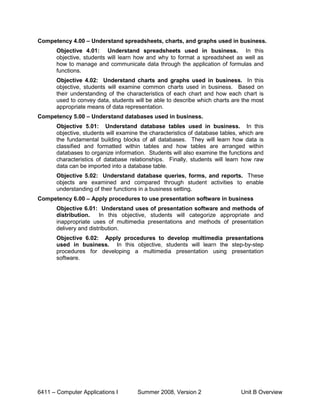 Competency 4.00 – Understand spreadsheets, charts, and graphs used in business.
       Objective 4.01: Understand spreadsheets used in business. In this
       objective, students will learn how and why to format a spreadsheet as well as
       how to manage and communicate data through the application of formulas and
       functions.
       Objective 4.02: Understand charts and graphs used in business. In this
       objective, students will examine common charts used in business. Based on
       their understanding of the characteristics of each chart and how each chart is
       used to convey data, students will be able to describe which charts are the most
       appropriate means of data representation.
Competency 5.00 – Understand databases used in business.
       Objective 5.01: Understand database tables used in business. In this
       objective, students will examine the characteristics of database tables, which are
       the fundamental building blocks of all databases. They will learn how data is
       classified and formatted within tables and how tables are arranged within
       databases to organize information. Students will also examine the functions and
       characteristics of database relationships. Finally, students will learn how raw
       data can be imported into a database table.
       Objective 5.02: Understand database queries, forms, and reports. These
       objects are examined and compared through student activities to enable
       understanding of their functions in a business setting.
Competency 6.00 – Apply procedures to use presentation software in business
       Objective 6.01: Understand uses of presentation software and methods of
       distribution.    In this objective, students will categorize appropriate and
       inappropriate uses of multimedia presentations and methods of presentation
       delivery and distribution.
       Objective 6.02: Apply procedures to develop multimedia presentations
       used in business. In this objective, students will learn the step-by-step
       procedures for developing a multimedia presentation using presentation
       software.




6411 – Computer Applications I         Summer 2008, Version 2                   Unit B Overview
 