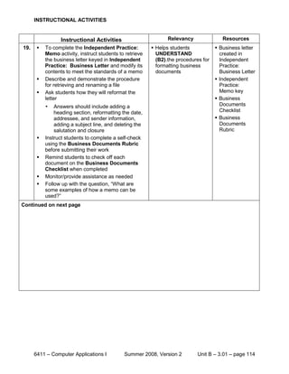 INSTRUCTIONAL ACTIVITIES


                  Instructional Activities                       Relevancy               Resources
19.       To complete the Independent Practice:           Helps students             Business letter
           Memo activity, instruct students to retrieve     UNDERSTAND                  created in
           the business letter keyed in Independent         (B2).the procedures for     Independent
           Practice: Business Letter and modify its         formatting business         Practice:
           contents to meet the standards of a memo         documents                   Business Letter
          Describe and demonstrate the procedure                                      Independent
           for retrieving and renaming a file                                           Practice:
          Ask students how they will reformat the                                      Memo key
           letter                                                                      Business
           •   Answers should include adding a                                          Documents
               heading section, reformatting the date,                                  Checklist
               addressee, and sender information,                                      Business
               adding a subject line, and deleting the                                  Documents
               salutation and closure                                                   Rubric
          Instruct students to complete a self-check
           using the Business Documents Rubric
           before submitting their work
          Remind students to check off each
           document on the Business Documents
           Checklist when completed
          Monitor/provide assistance as needed
          Follow up with the question, “What are
           some examples of how a memo can be
           used?”
Continued on next page




      6411 – Computer Applications I          Summer 2008, Version 2         Unit B – 3.01 – page 114
 