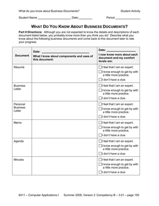 What do you know about Business Documents?                                      Student Activity

   Student Name                             Date:                        Period


            WHAT DO YOU KNOW ABOUT BUSINESS DOCUMENTS?
   Part II Directions: Although you are not expected to know the details and descriptions of each
   document listed below, you probably know more than you think you do! Describe what you
   know about the following business documents and come back to this document later to rate
   your progress.

                                                                 Date:
              Date:
Document                                                         I now know more about each
              What I know about components and uses of
                                                                 document and my comfort
              this document:
                                                                 levels are:

Résumé                                                              I feel that I am an expert.
                                                                    I know enough to get by with
                                                                     a little more practice.
                                                                    I don’t have a clue.

Business                                                            I feel that I am an expert.
Letter                                                              I know enough to get by with
                                                                     a little more practice.
                                                                    I don’t have a clue.

Personal                                                            I feel that I am an expert.
Business                                                            I know enough to get by with
Letter                                                               a little more practice.
                                                                    I don’t have a clue.

Memo                                                                I feel that I am an expert.
                                                                    I know enough to get by with
                                                                     a little more practice.
                                                                    I don’t have a clue.

Agenda                                                              I feel that I am an expert.
                                                                    I know enough to get by with
                                                                     a little more practice.
                                                                    I don’t have a clue.

Minutes                                                             I feel that I am an expert.
                                                                    I know enough to get by with
                                                                     a little more practice.
                                                                    I don’t have a clue.




   6411 – Computer Applications I     Summer 2008, Version 2 Competency B – 3.01 – page 150
 
