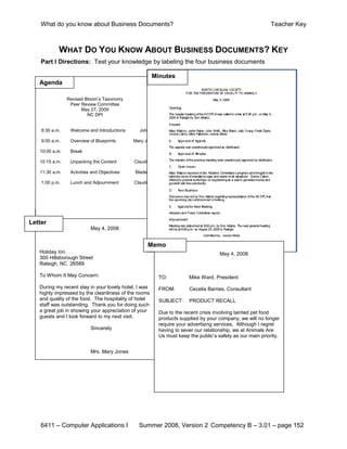 What do you know about Business Documents?                                                             Teacher Key



            WHAT DO YOU KNOW ABOUT BUSINESS DOCUMENTS? KEY
    Part I Directions: Test your knowledge by labeling the four business documents

                                                       Minutes
   Agenda

                Revised Bloom’s Taxonomy
                 Peer Review Committee
                      May 27, 2009
                         NC DPI


    8:30 a.m.    Welcome and Introductions     John

    9:00 a.m.    Overview of Blueprints      Mary Jo

   10:00 a.m.    Break

   10:15 a.m.    Unpacking the Content       Claudia

   11:30 a.m.    Activities and Objectives   Bladen

    1:00 p.m.    Lunch and Adjournment       Claudia




Letter
                           May 4, 2008


                                                   Memo
   Holiday Inn                                                                      May 4, 2008
   300 Hillsborough Street
   Raleigh, NC 26589

   To Whom It May Concern:                               TO:          Mike Ward, President
   During my recent stay in your lovely hotel, I was     FROM:        Cecelia Barnes, Consultant
   highly impressed by the cleanliness of the rooms
   and quality of the food. The hospitality of hotel     SUBJECT:     PRODUCT RECALL
   staff was outstanding. Thank you for doing such
   a great job in showing your appreciation of your      Due to the recent crisis involving tainted pet food
   guests and I look forward to my next visit.           products supplied by your company, we will no longer
                                                         require your advertising services. Although I regret
                           Sincerely                     having to sever our relationship, we at Animals Are
                                                         Us must keep the public’s safety as our main priority.


                           Mrs. Mary Jones




    6411 – Computer Applications I             Summer 2008, Version 2 Competency B – 3.01 – page 152
 