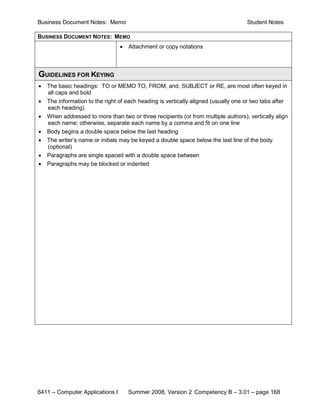 Business Document Notes: Memo                                                       Student Notes

BUSINESS DOCUMENT NOTES: MEMO
                                 •   Attachment or copy notations



GUIDELINES FOR KEYING
•   The basic headings: TO or MEMO TO, FROM, and, SUBJECT or RE, are most often keyed in
    all caps and bold
•   The information to the right of each heading is vertically aligned (usually one or two tabs after
    each heading)
•   When addressed to more than two or three recipients (or from multiple authors), vertically align
    each name; otherwise, separate each name by a comma and fit on one line
•   Body begins a double space below the last heading
•   The writer’s name or initials may be keyed a double space below the last line of the body
    (optional)
•   Paragraphs are single spaced with a double space between
•   Paragraphs may be blocked or indented




6411 – Computer Applications I       Summer 2008, Version 2 Competency B – 3.01 – page 168
 