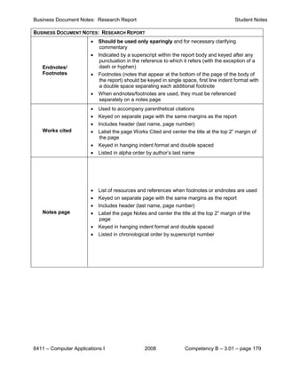 Business Document Notes: Research Report                                                   Student Notes

BUSINESS DOCUMENT NOTES: RESEARCH REPORT
                        •   Should be used only sparingly and for necessary clarifying
                            commentary
                        •   Indicated by a superscript within the report body and keyed after any
                            punctuation in the reference to which it refers (with the exception of a
   Endnotes/                dash or hyphen)
   Footnotes            •   Footnotes (notes that appear at the bottom of the page of the body of
                             the report) should be keyed in single space, first line indent format with
                             a double space separating each additional footnote
                        •   When endnotes/footnotes are used, they must be referenced
                             separately on a notes page
                        •   Used to accompany parenthetical citations
                        •   Keyed on separate page with the same margins as the report
                        •   Includes header (last name, page number)
   Works cited          •   Label the page Works Cited and center the title at the top 2” margin of
                             the page
                        •   Keyed in hanging indent format and double spaced
                        •   Listed in alpha order by author’s last name




                        •   List of resources and references when footnotes or endnotes are used
                        •   Keyed on separate page with the same margins as the report
                        •   Includes header (last name, page number)
   Notes page           •   Label the page Notes and center the title at the top 2” margin of the
                             page
                        •   Keyed in hanging indent format and double spaced
                        •   Listed in chronological order by superscript number




6411 – Computer Applications I                   2008               Competency B – 3.01 – page 179
 