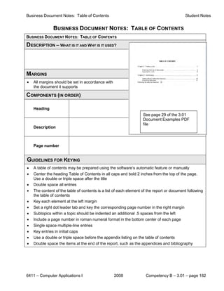 Business Document Notes: Table of Contents                                                 Student Notes


               BUSINESS DOCUMENT NOTES: TABLE OF CONTENTS
BUSINESS DOCUMENT NOTES: TABLE OF CONTENTS

DESCRIPTION – WHAT IS IT AND WHY IS IT USED?



MARGINS
•   All margins should be set in accordance with
    the document it supports

COMPONENTS (IN ORDER)

    Heading
                                                                   See page 29 of the 3.01
                                                                   Document Examples PDF
                                                                   file
    Description



    Page number


GUIDELINES FOR KEYING
•   A table of contents may be prepared using the software’s automatic feature or manually
•   Center the heading Table of Contents in all caps and bold 2 inches from the top of the page.
    Use a double or triple space after the title
•   Double space all entries
•   The content of the table of contents is a list of each element of the report or document following
    the table of contents
•   Key each element at the left margin
•   Set a right dot leader tab and key the corresponding page number in the right margin
•   Subtopics within a topic should be indented an additional .5 spaces from the left
•   Include a page number in roman numeral format in the bottom center of each page
•   Single space multiple-line entries
•   Key entries in initial caps
•   Use a double or triple space before the appendix listing on the table of contents
•   Double space the items at the end of the report, such as the appendices and bibliography




6411 – Computer Applications I                     2008              Competency B – 3.01 – page 182
 