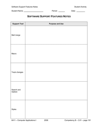 Software Support Features Notes                                       Student Activity

Student Name:                              Period:                Date:


                   SOFTWARE SUPPORT FEATURES NOTES

 Support Tool                            Purpose and Use




Mail merge




Macro




Track changes




Search and
replace




Styles




6411 – Computer Applications I    2008                     Competency B – 3.01 – page 191
 