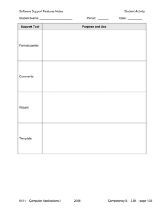 Software Support Features Notes                                       Student Activity

Student Name:                              Period:                Date:

 Support Tool                            Purpose and Use




Format painter




Comments




Wizard




Template




6411 – Computer Applications I    2008                     Competency B – 3.01 – page 192
 