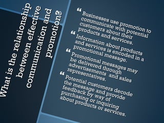 What is the relationship between effective communication and promotion? <ul><li>Businesses use promotion to communicate wi...