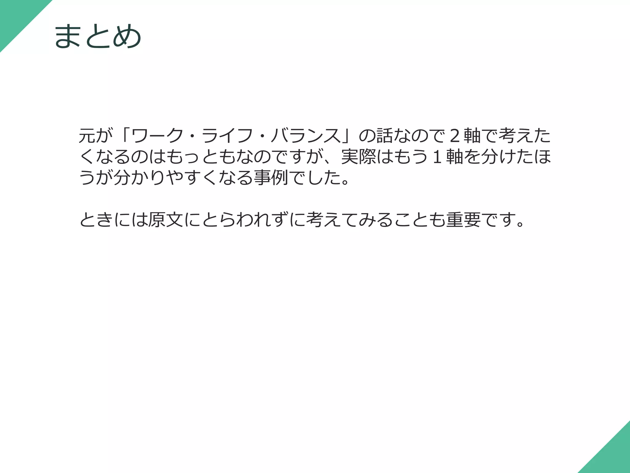 まとめ
元が「ワーク・ライフ・バランス」の話なので２軸で考えた
くなるのはもっともなのですが、実際はもう１軸を分けたほ
うが分かりやすくなる事例でした。
ときには原文にとらわれずに考えてみることも重要です。
 