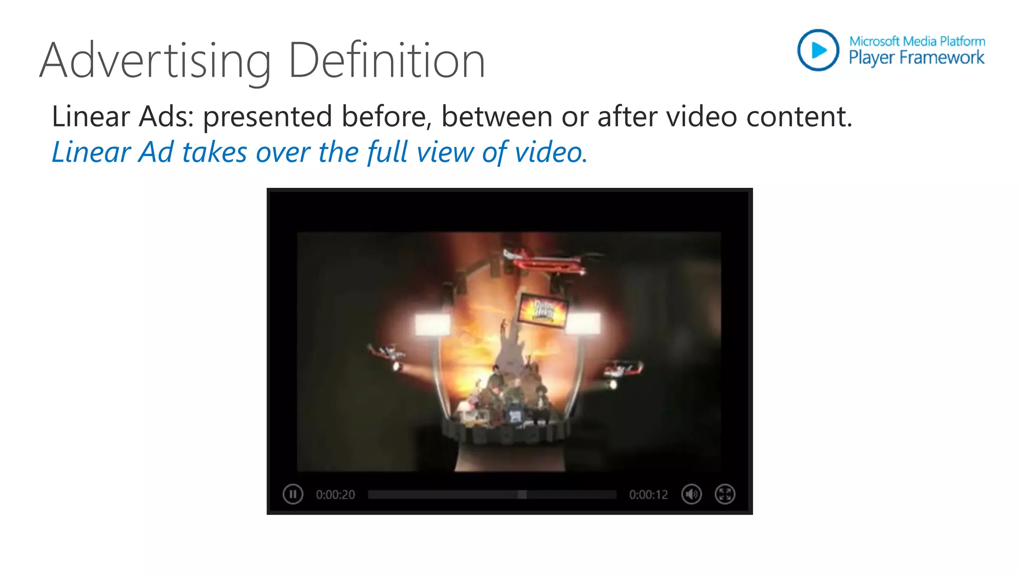 Linear Ads: presented before, between or after video content.
Linear Ad takes over the full view of video.
 