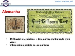 História – Terceiro Ano




Alemanha




 •   1929: crise internacional = desemprego multiplicado em 6
     vezes
 •   Ultradireita: oposição aos comunistas
 