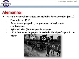 História – Terceiro Ano




Alemanha
   Partido Nacional-Socialista dos Trabalhadores Alemães (NAZI)
    • Formado em 1919
    • Base: desempregados, burgueses arruinados, ex-
       combatentes
    • Ação: milícias (SA = tropas de assalto)
    • 1923: Tentativa de golpe: “Putsch de Munique” = prisão de
       Hitler
 