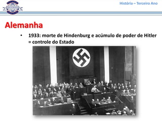 História – Terceiro Ano




Alemanha
   •   1933: morte de Hindenburg e acúmulo de poder de Hitler
       = controle do Estado
 
