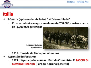 História – Terceiro Ano




Itália
   I Guerra (após mudar de lado): “vitória mutilada”
    • Crise econômica e aproximadamente 700.000 mortos e cerca
       de 1.000.000 de feridos




                 Soldados italianos
                      aprisionados


  • 1919: tomada de Fiúne por veteranos
 Ascensão do Fascismo
  • 1921: disputa pelas massas: Partido Comunista X FASCIO DI
     COMBATTIMENTO (Partido Nacional Fascista)
 