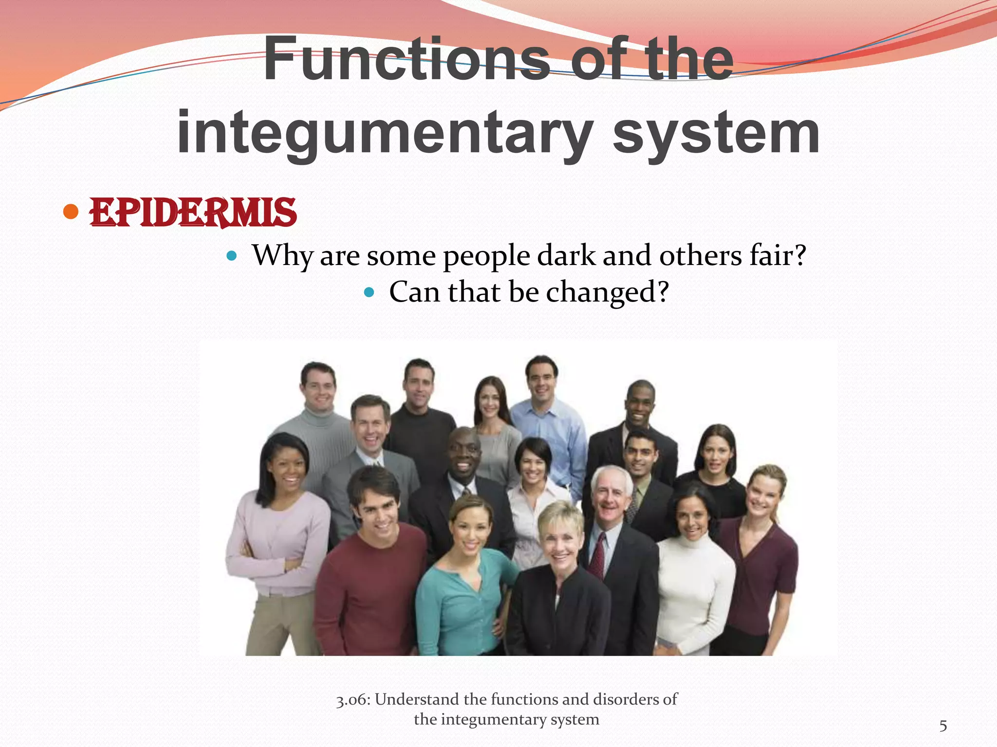 Functions of the
integumentary system
 Epidermis
 Why are some people dark and others fair?
 Can that be changed?
3.06: Understand the functions and disorders of
the integumentary system 5
 