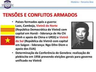 História – Terceiro Ano




TENSÕES E CONFLITOS ARMADOS
   • Países formados após a guerra:
     Laos, Camboja, Vietnã do Norte
     (República Democrática do Vietnã com
     capital em Hanói - liderança de Ho Chi
     Minh e apoio da China e URSS) e Vietnã
     do Sul (República do Vietnã com capital
     em Saigon - liderança: Ngo Dihn Diem e
     apoio dos EUA)
   • Determinação da Conferência de Genebra: realização de
     plebiscito em 1956 prevendo eleições gerais para governo
     unificado no Vietnã
 