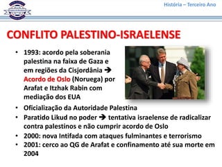 História – Terceiro Ano
CONFLITO PALESTINO-ISRAELENSE
• 1993: acordo pela soberania
palestina na faixa de Gaza e
em regiões da Cisjordânia 
Acordo de Oslo (Noruega) por
Arafat e Itzhak Rabin com
mediação dos EUA
• Oficialização da Autoridade Palestina
• Paratido Likud no poder  tentativa israelense de radicalizar
contra palestinos e não cumprir acordo de Oslo
• 2000: nova Intifada com ataques fulminantes e terrorismo
• 2001: cerco ao QG de Arafat e confinamento até sua morte em
2004
 