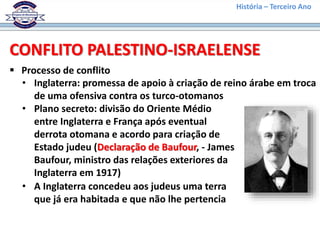 História – Terceiro Ano
 Processo de conflito
CONFLITO PALESTINO-ISRAELENSE
• Inglaterra: promessa de apoio à criação de reino árabe em troca
de uma ofensiva contra os turco-otomanos
• Plano secreto: divisão do Oriente Médio
entre Inglaterra e França após eventual
derrota otomana e acordo para criação de
Estado judeu (Declaração de Baufour, - James
Baufour, ministro das relações exteriores da
Inglaterra em 1917)
• A Inglaterra concedeu aos judeus uma terra
que já era habitada e que não lhe pertencia
 
