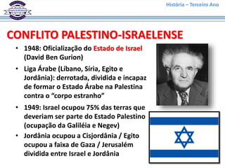 História – Terceiro Ano
CONFLITO PALESTINO-ISRAELENSE
• 1948: Oficialização do Estado de Israel
(David Ben Gurion)
• Liga Árabe (Líbano, Síria, Egito e
Jordânia): derrotada, dividida e incapaz
de formar o Estado Árabe na Palestina
contra o “corpo estranho”
• 1949: Israel ocupou 75% das terras que
deveriam ser parte do Estado Palestino
(ocupação da Galiléia e Negev)
• Jordânia ocupou a Cisjordânia / Egito
ocupou a faixa de Gaza / Jerusalém
dividida entre Israel e Jordânia
 
