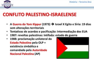 História – Terceiro Ano




CONFLITO PALESTINO-ISRAELENSE
 • A Guerra do Yom Kippur (1973)  Israel X Egito e Síria: 19 dias
   sem alterações territoriais
 • Tentativas de acordos e pacificação: Intermediação dos EUA
 • 1987: revoltas palestinas: Intifada: estado de guerra
 • 1988: proclamação unilateral do
   Estado Palestino pela OLP =
   existência simbólica e
   comandado pela Autoridade
   Nacional Palestina (AP)
 