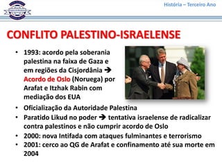 História – Terceiro Ano




CONFLITO PALESTINO-ISRAELENSE
 • 1993: acordo pela soberania
   palestina na faixa de Gaza e
   em regiões da Cisjordânia 
   Acordo de Oslo (Noruega) por
   Arafat e Itzhak Rabin com
   mediação dos EUA
 • Oficialização da Autoridade Palestina
 • Paratido Likud no poder  tentativa israelense de radicalizar
   contra palestinos e não cumprir acordo de Oslo
 • 2000: nova Intifada com ataques fulminantes e terrorismo
 • 2001: cerco ao QG de Arafat e confinamento até sua morte em
   2004
 