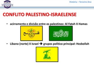 História – Terceiro Ano




CONFLITO PALESTINO-ISRAELENSE
 • acirramento e divisão entre os palestinos: Al Fatah X Hamas




 • Líbano (norte) X Israel  grupos político principal: Hezbollah
 