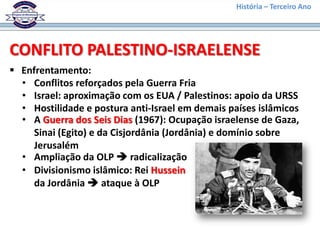 História – Terceiro Ano




CONFLITO PALESTINO-ISRAELENSE
 Enfrentamento:
  • Conflitos reforçados pela Guerra Fria
  • Israel: aproximação com os EUA / Palestinos: apoio da URSS
  • Hostilidade e postura anti-Israel em demais países islâmicos
  • A Guerra dos Seis Dias (1967): Ocupação israelense de Gaza,
     Sinai (Egito) e da Cisjordânia (Jordânia) e domínio sobre
     Jerusalém
  • Ampliação da OLP  radicalização
  • Divisionismo islâmico: Rei Hussein
     da Jordânia  ataque à OLP
 
