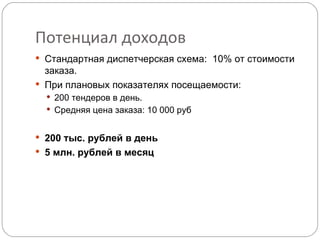 Потенциал доходов Стандартная диспетчерская схема:  10% от стоимости заказа.  При плановых показателях посещаемости: 200 тендеров в день.  Средняя цена заказа: 10 000 руб 200 тыс. рублей в день 5 млн. рублей в месяц 
