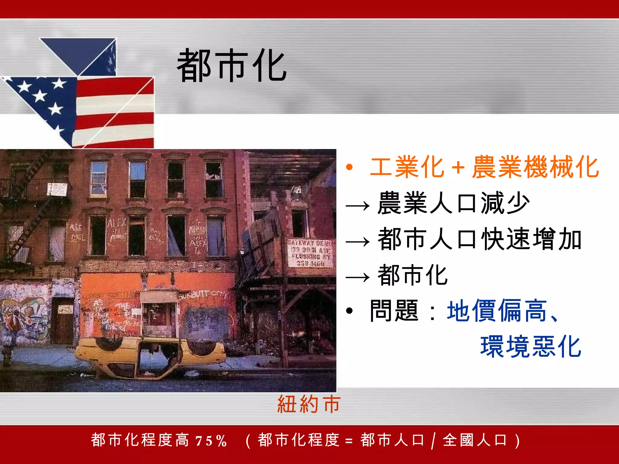 都市化 工業化＋農業機械化 -> 農業人口減少 -> 都市人口快速增加 -> 都市化 問題： 地價偏高、 環境惡化 紐約市 都市化程度高 75%  （都市化程度 = 都市人口 / 全國人口） 