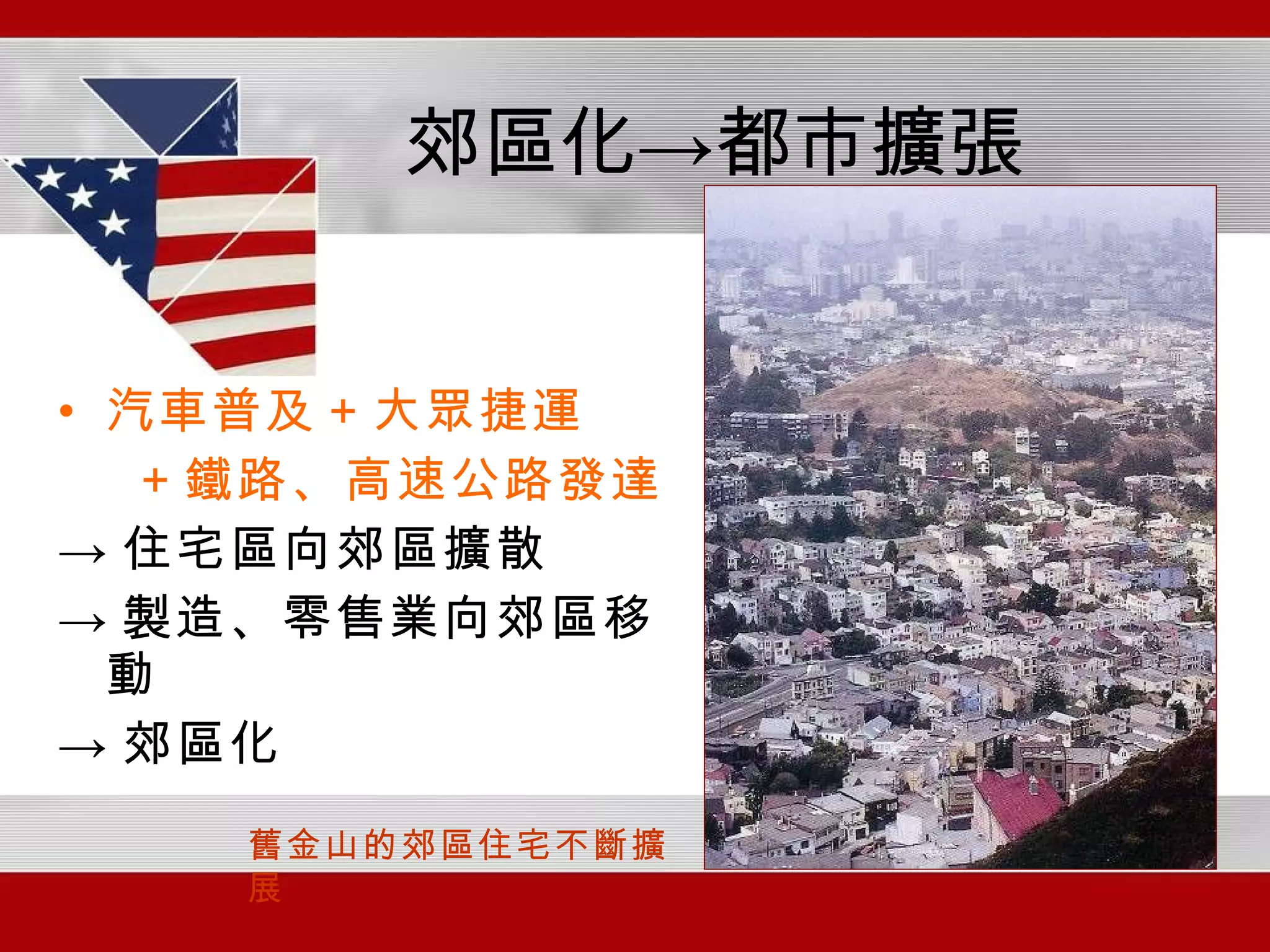郊區化->都市擴張 汽車普及＋大眾捷運 ＋鐵路、高速公路發達 -> 住宅區向郊區擴散 -> 製造、零售業向郊區移動 -> 郊區化 洛杉磯 舊金山的郊區住宅不斷擴展 