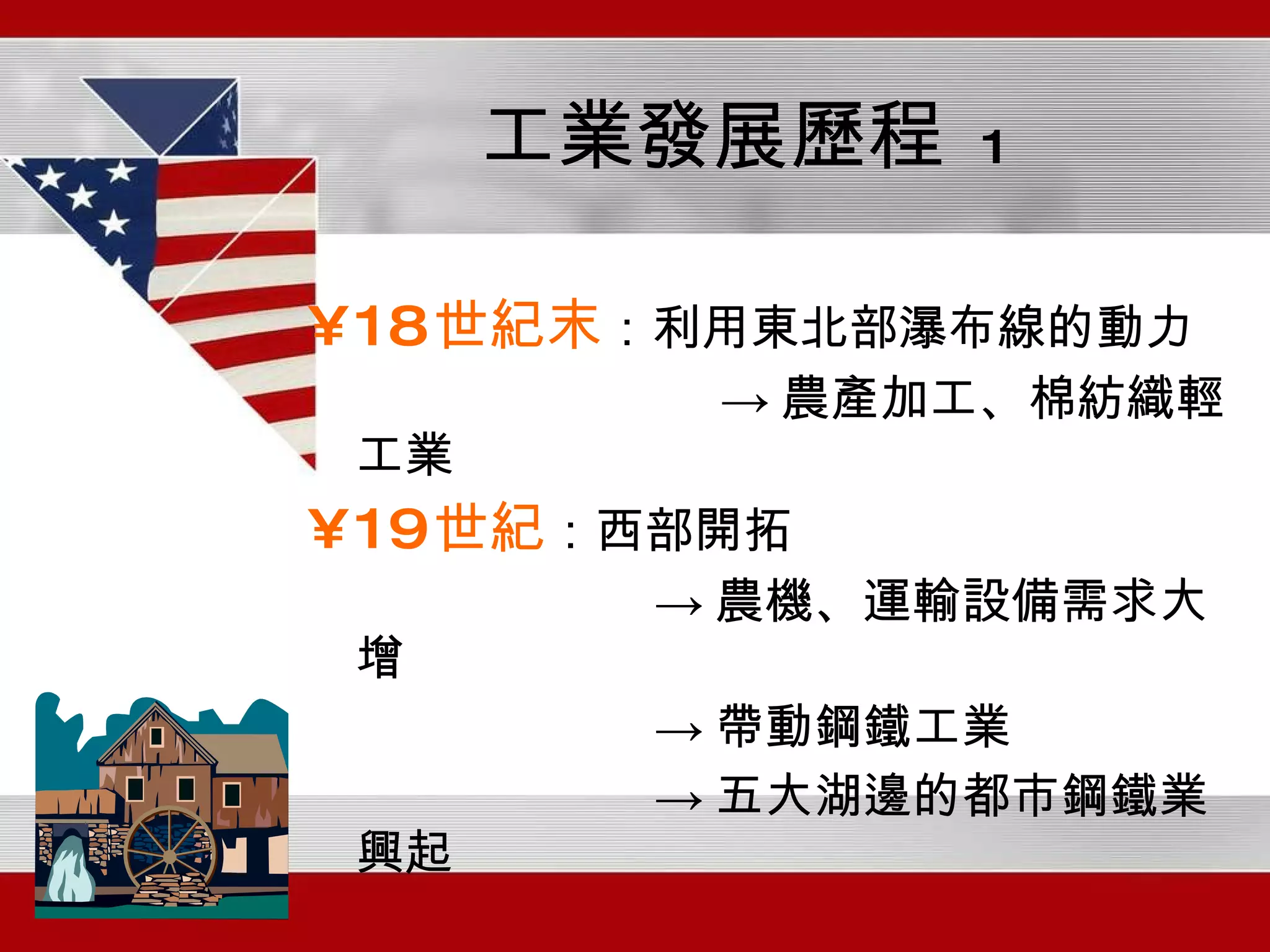 工業發展歷程   1 18 世紀末 ：利用東北部瀑布線的動力 -> 農產加工、棉紡織輕工業 19 世紀 ：西部開拓 -> 農機、運輸設備需求大增 -> 帶動鋼鐵工業 -> 五大湖邊的都市鋼鐵業興起  