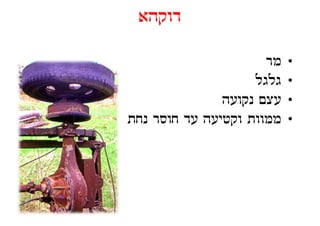 ‫דוקהא‬
   ‫ק‬

                      ‫מר‬   ‫•‬
                    ‫גלגל‬
                    ‫ל ל‬    ‫•‬
               ‫עצם נקועה‬   ‫•‬
‫ממוות וקטיעה עד חוסר נחת‬
                ‫ק‬          ‫•‬
 