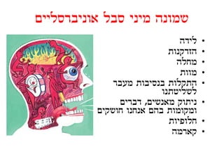 ‫שמונה מיני סבל אוניברסליים‬
                               ‫לידה‬   ‫•‬
                            ‫הזדקנות‬   ‫•‬
                              ‫מחלה‬    ‫•‬
                               ‫מוות‬   ‫•‬
              ‫התקלות בנסיבות מעבר‬
                               ‫ק‬      ‫•‬
                          ‫לשליטתנו‬
                               ‫ל ל‬
                ‫ניתוק מאנשים, דברים‬
                              ‫ק‬       ‫•‬
          ‫ומקומות בהם אנחנו חושקים‬
                            ‫חלופ ות‬
                            ‫חלופיות‬   ‫•‬
                             ‫קארמה‬    ‫•‬
 