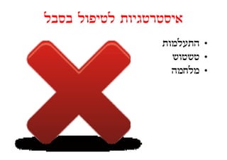 ‫איסטרטגיות לטיפול בסבל‬
                  ‫• התעלמות‬
                    ‫• טשטוש‬
                    ‫• מלחמה‬
 