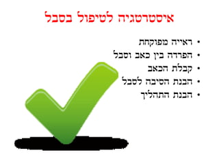 ‫איסטרטגיה לטיפול בסבל‬
                 ‫ראייה מפוקחת‬   ‫•‬
           ‫הפרדה בין כאב וסבל‬
           ‫ל‬                    ‫•‬
                   ‫קבלת הכאב‬    ‫•‬
             ‫הבנת הסיבה לסבל‬    ‫•‬
                 ‫הבנת התהליך‬    ‫•‬
 