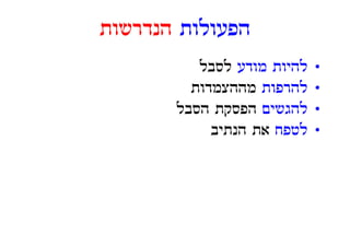 ‫הפעולות הנדרשות‬
          ‫להיות מודע לסבל‬   ‫•‬
         ‫להרפות מההצמדות‬‫ל‬   ‫•‬
       ‫להגשים הפסקת הסבל‬    ‫•‬
            ‫לטפח את הנתיב‬   ‫•‬
 