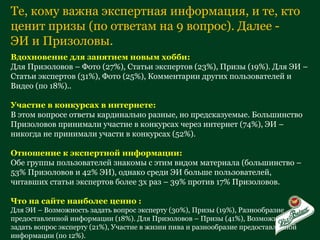 Те, кому важна экспертная информация, и те, кто ценит призы (по ответам на 9 вопрос). Далее - ЭИ и Призоловы. Вдохновение для занятием новым хобби: Для Призоловов – Фото (27%), Статьи экспертов (23%), Призы (19%). Для ЭИ – Статьи экспертов (31%), Фото (25%), Комментарии других пользователей и Видео (по 18%).. Участие в конкурсах в интернете: В этом вопросе ответы кардинально разные, но предсказуемые. Большинство Призоловов принимали участие в конкурсах через интернет (74%), ЭИ – никогда не принимали участи в конкурсах (52%). Отношение к экспертной информации: Обе группы пользователей знакомы с этим видом материала (большинство – 53% Призоловов и 42% ЭИ), однако среди ЭИ больше пользователей, читавших статьи экспертов более 3х раз – 39% против 17% Призоловов.  Что на сайте наиболее ценно : Для ЭИ – Возможность задать вопрос эксперту (30%), Призы (19%), Разнообразие предоставленной информации (18%). Для Призоловов – Призы (41%), Возможность задать вопрос эксперту (21%), Участие в жизни пива и разнообразие предоставленной информации (по 12%). 
