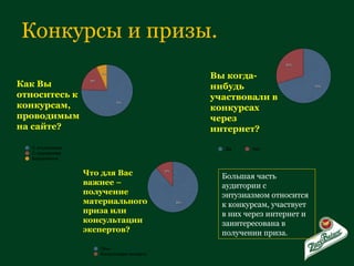 Конкурсы и призы. Как Вы относитесь к конкурсам, проводимым на сайте? Вы когда-нибудь участвовали в конкурсах через интернет? Что для Вас важнее – получение материального приза или консультации экспертов? Большая часть аудитории с энтузиазмом относится к конкурсам, участвует в них через интернет и заинтересована в получении приза. 