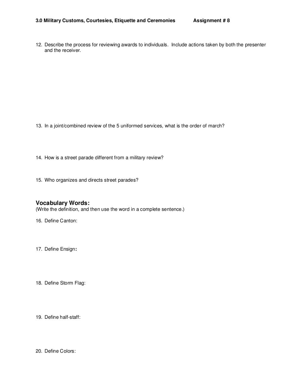 3.0 Military Customs, Courtesies, Etiquette and Ceremonies questions