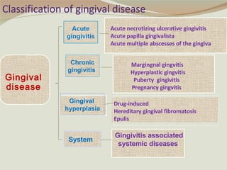 Classification of gingival disease Gingival disease Chronic gingivitis  Gingival  hyperplasia System  Acute necrotizing ulcerative gingivitis Acute  papilla gingivalista Acute multiple abscesses of the gingiva Margingnal gingvitis Hyperplastic gingvitis  Puberty  gingivitis  Pregnancy gingvitis  Drug-induced Hereditary gingival fibromatosis Epulis Gingivitis associated systemic diseases  